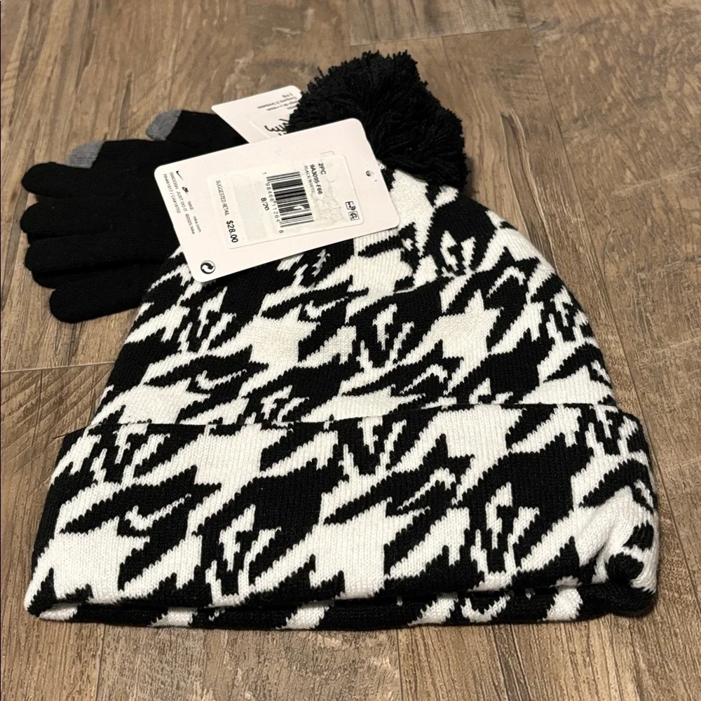 Nike 2pc. Knit Cuffed pom-pom beanie,touch screen gloves,pattern,neon green logo